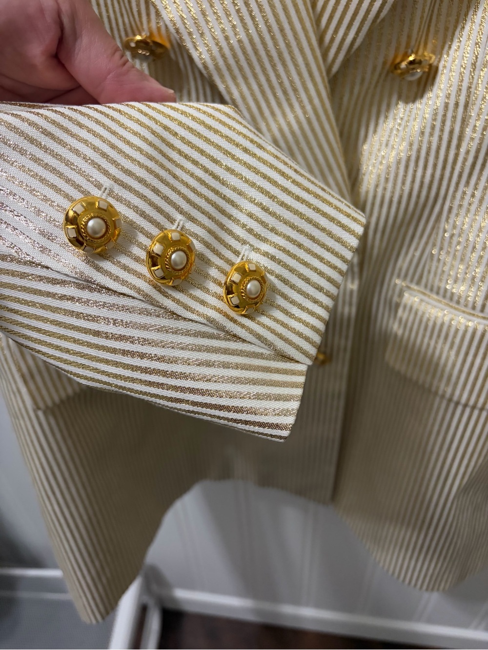 Vintage ESCADA Margaretha Ley Gold Metallic Stripe Double Breasted Blazer 42 - Picture 9 of 12